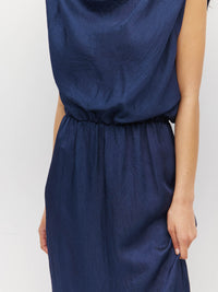 Juliette Hogan Walsh Dress (Soft Matte Satin) Navy Crush - draped-bodice event dress with elastic waist and straight pencil skirt with kickpleat.