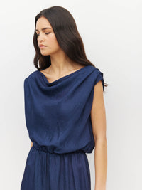 Juliette Hogan Walsh Dress (Soft Matte Satin) Navy Crush - draped-bodice event dress with elastic waist and straight pencil skirt with kickpleat.