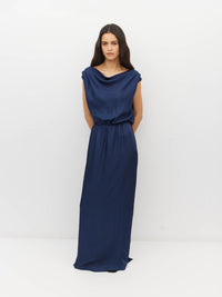 Juliette Hogan Walsh Dress (Soft Matte Satin) Navy Crush - draped-bodice event dress with elastic waist and straight pencil skirt with kickpleat.