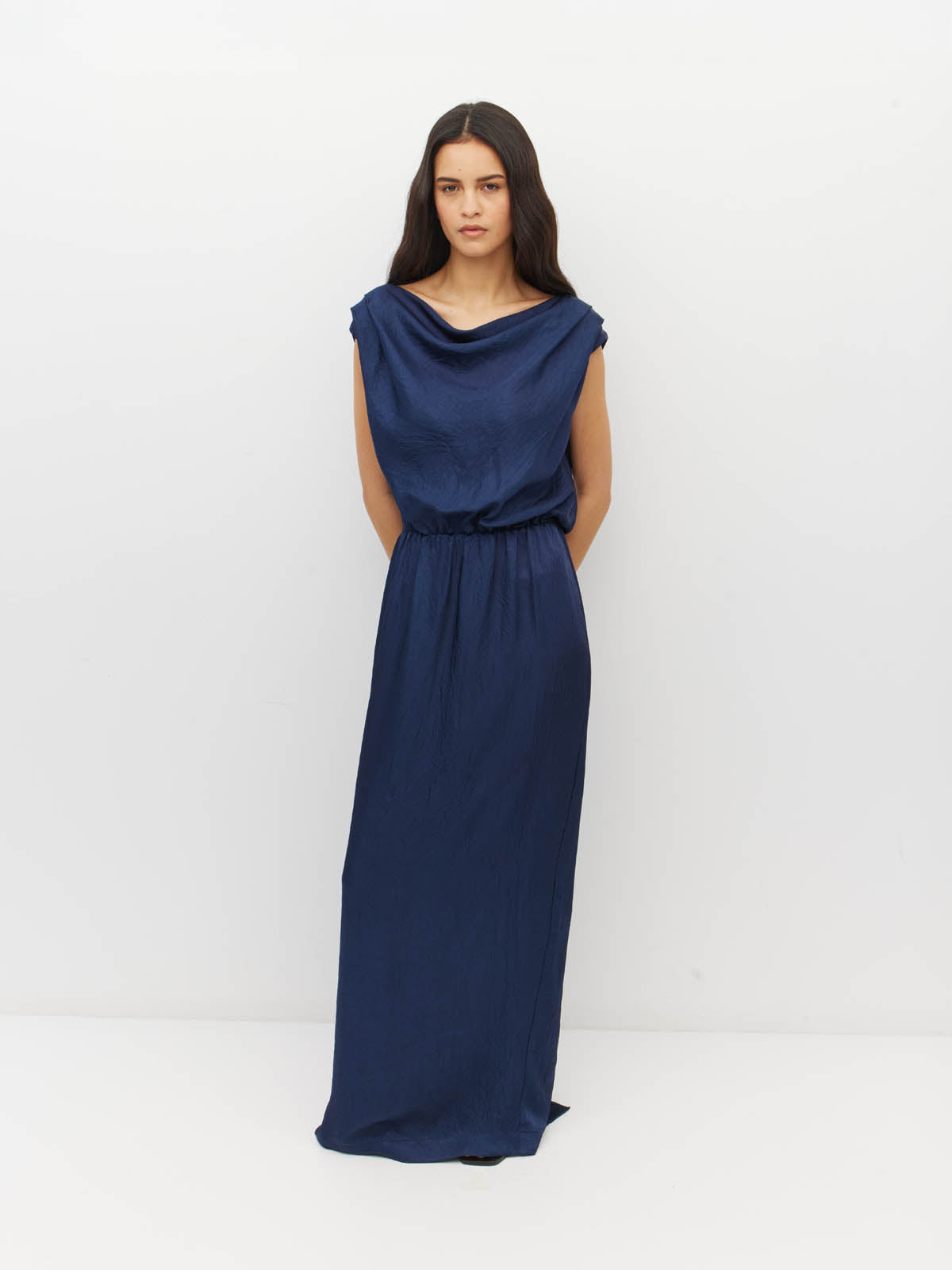Juliette Hogan Walsh Dress (Soft Matte Satin) Navy Crush - draped-bodice event dress with elastic waist and straight pencil skirt with kickpleat.