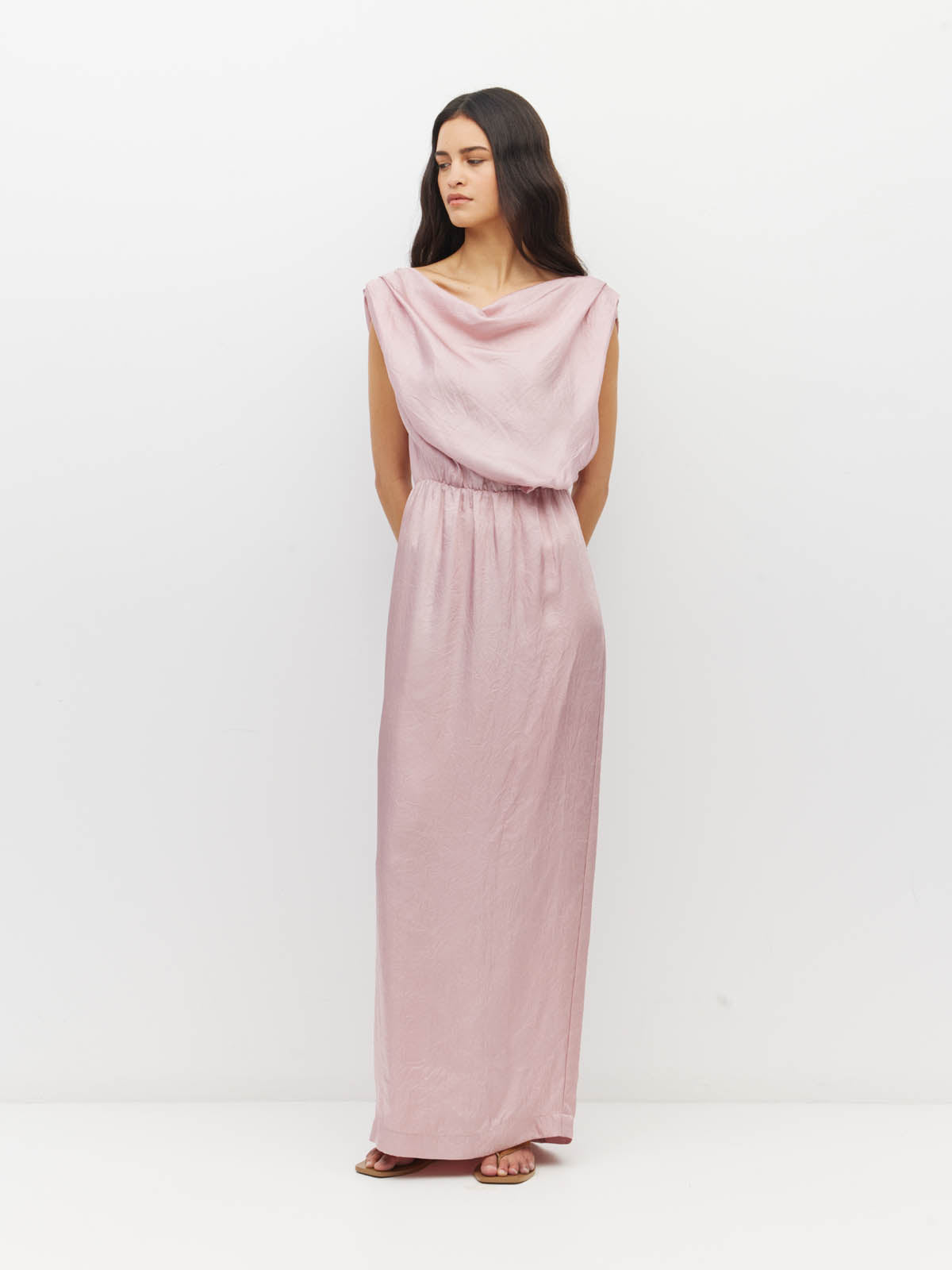 Juliette Hogan Walsh Dress (Soft Matte Satin) Pale Pink Crush - draped-bodice event dress with elastic waist and straight pencil skirt with kickpleat.