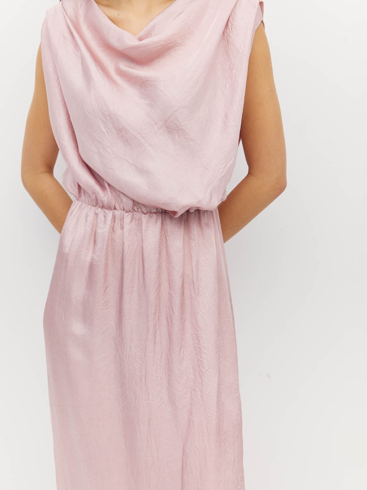Juliette Hogan Walsh Dress (Soft Matte Satin) Pale Pink Crush - draped-bodice event dress with elastic waist and straight pencil skirt with kickpleat.