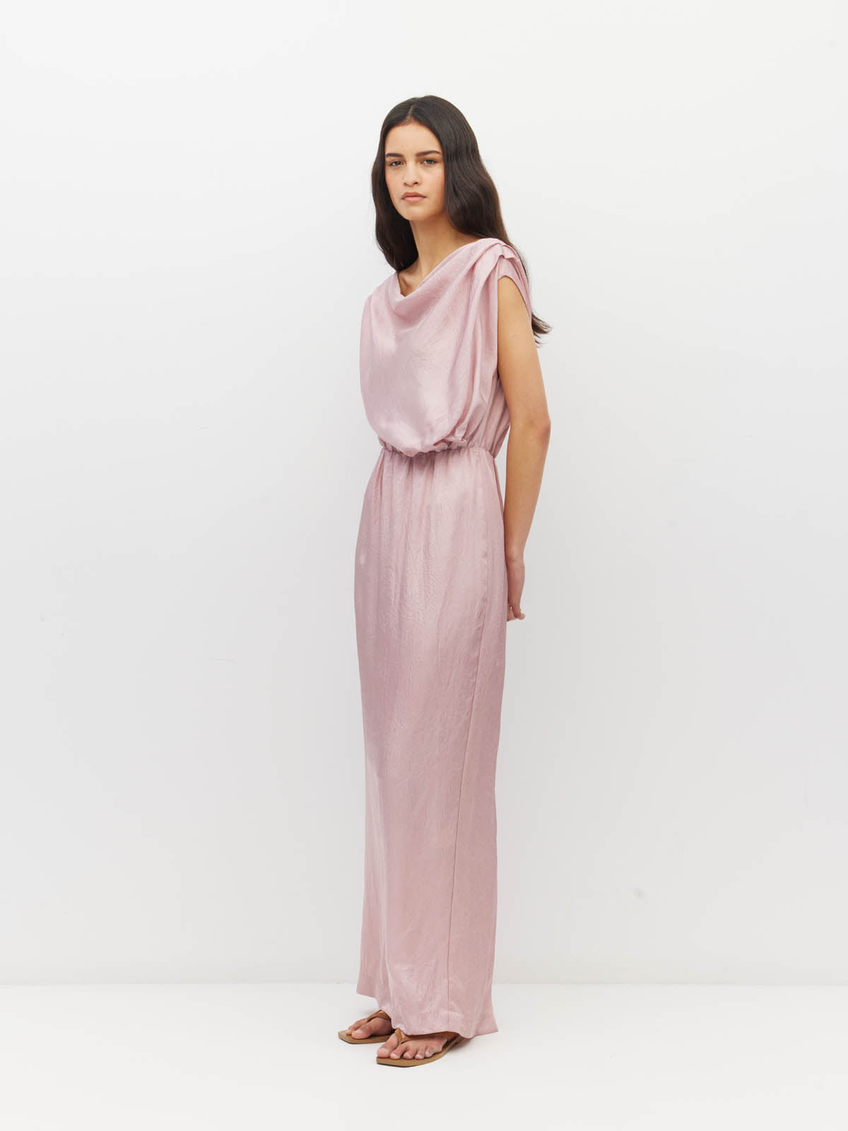 Juliette Hogan Walsh Dress (Soft Matte Satin) Pale Pink Crush - draped-bodice event dress with elastic waist and straight pencil skirt with kickpleat.