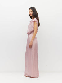 Juliette Hogan Walsh Dress (Soft Matte Satin) Pale Pink Crush - draped-bodice event dress with elastic waist and straight pencil skirt with kickpleat.