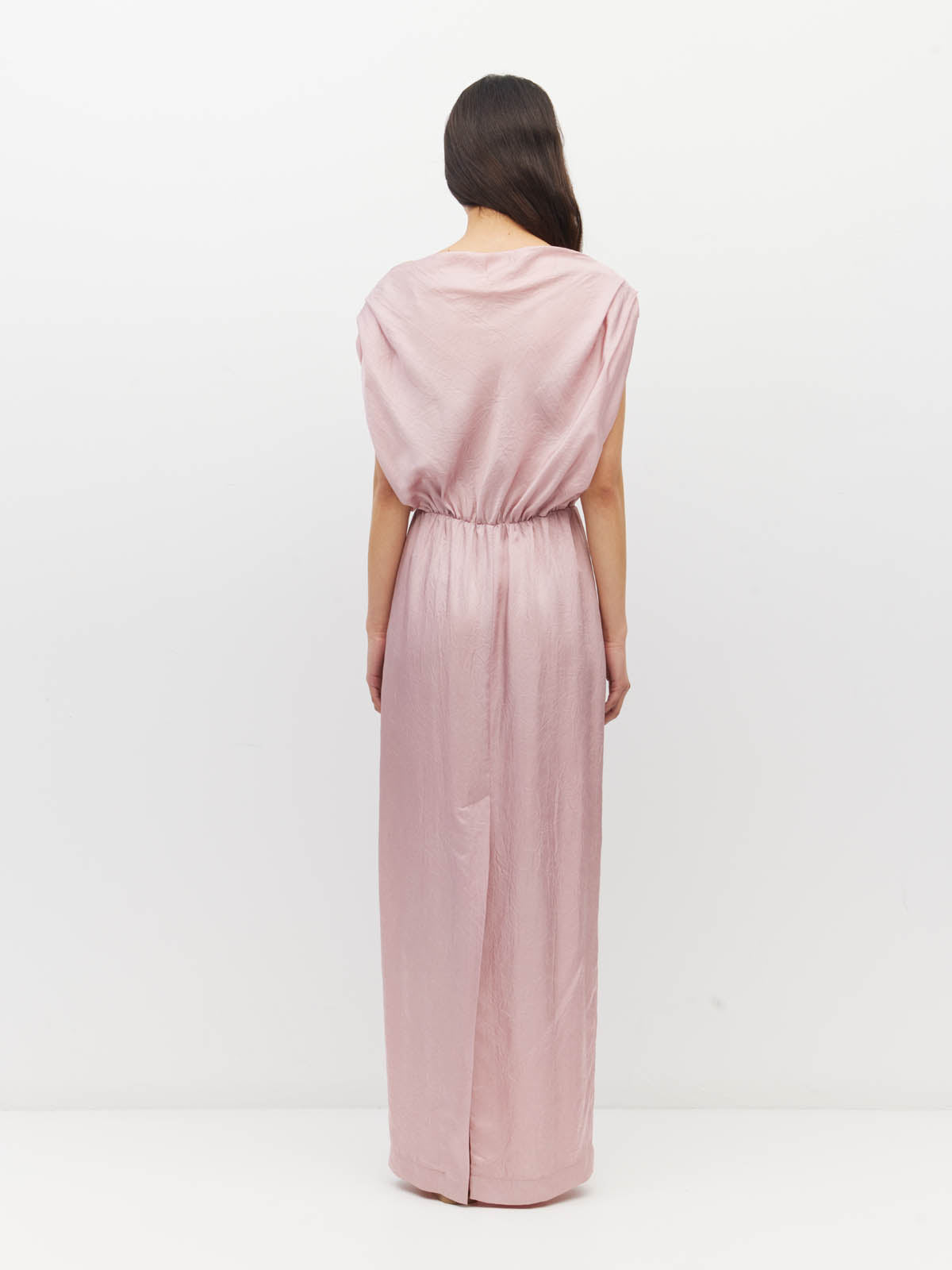 Juliette Hogan Walsh Dress (Soft Matte Satin) Pale Pink Crush - draped-bodice event dress with elastic waist and straight pencil skirt with kickpleat.