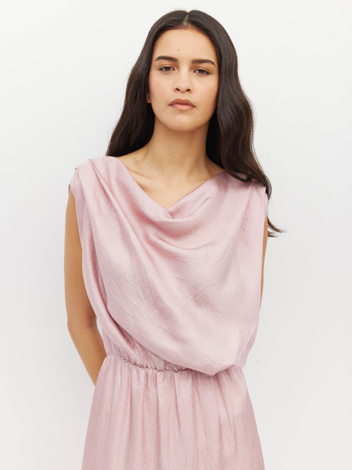 Juliette Hogan Walsh Dress (Soft Matte Satin) Pale Pink Crush - draped-bodice event dress with elastic waist and straight pencil skirt with kickpleat.