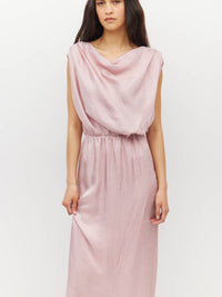 Juliette Hogan Walsh Dress (Soft Matte Satin) Pale Pink Crush - draped-bodice event dress with elastic waist and straight pencil skirt with kickpleat.