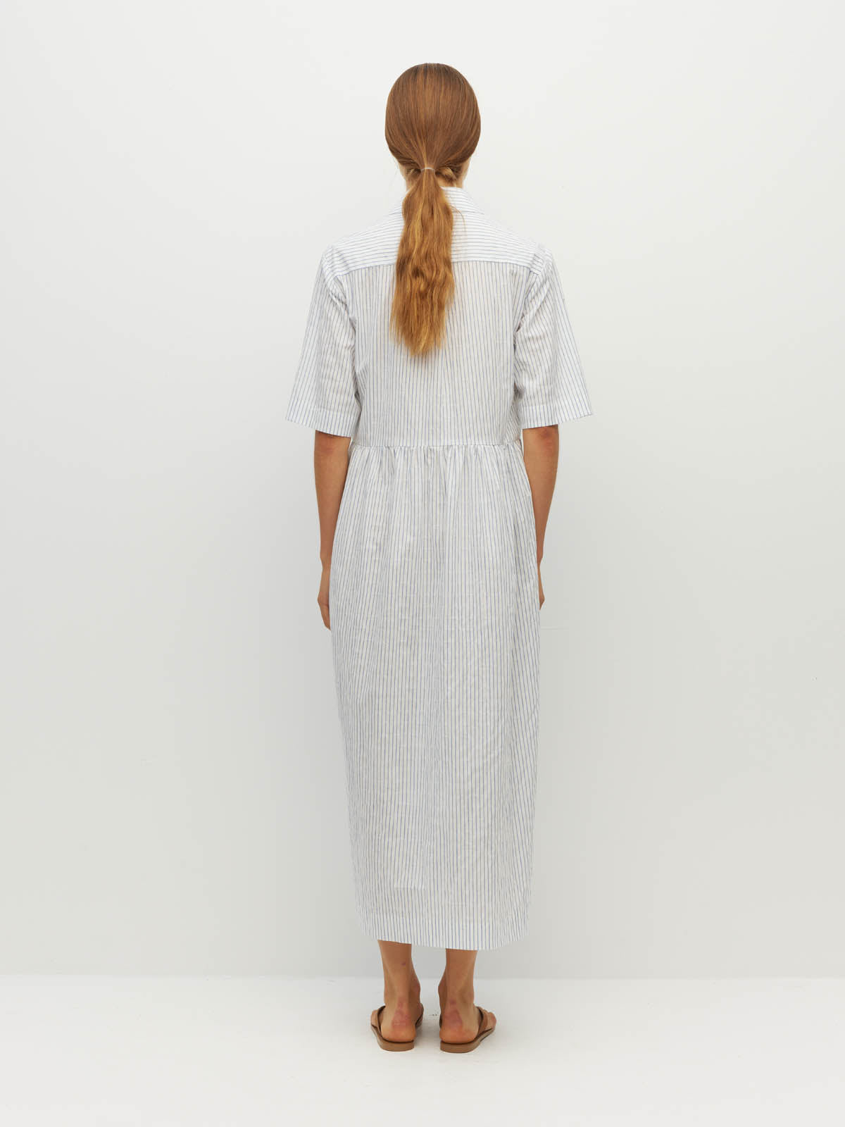 Juliette Hogan Milicent Shirtdress (Stripe Voile Cotton) Light Blue/White - relaxed striped cotton shirtdress with collar and gathered skirt, machine washable.
