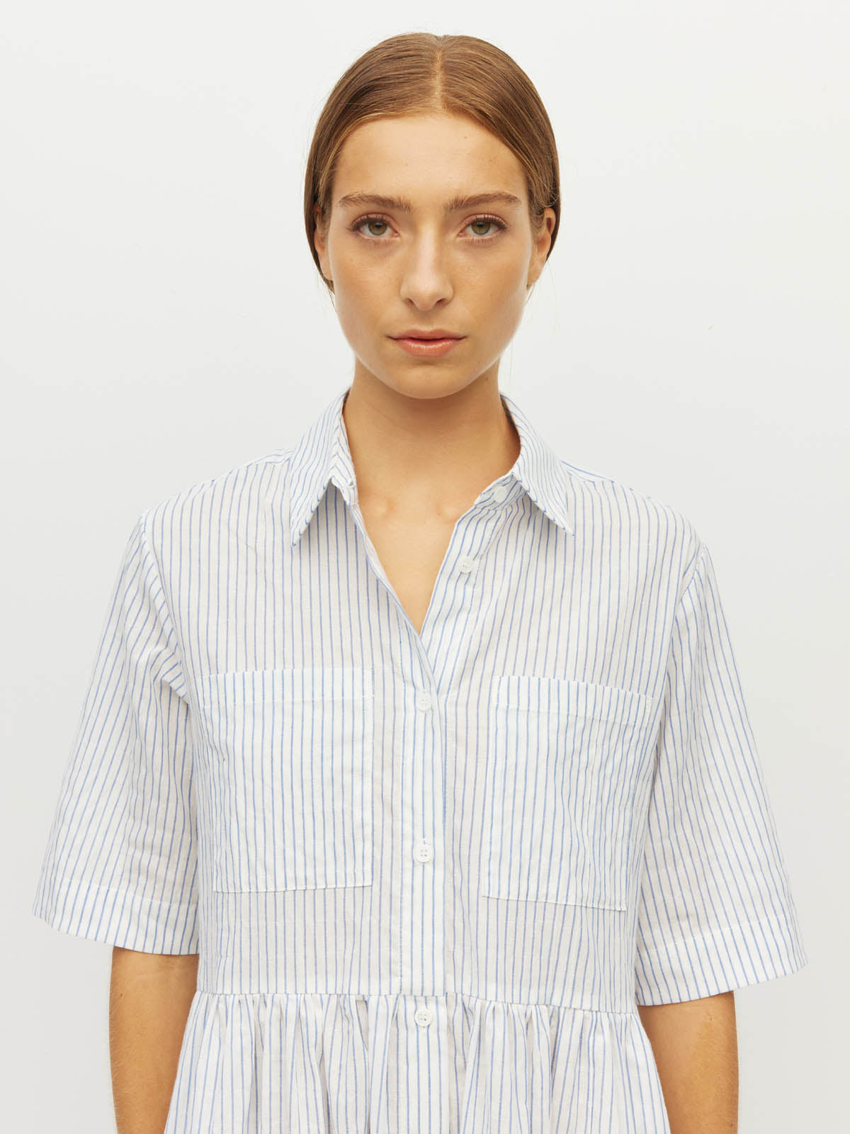 Juliette Hogan Milicent Shirtdress (Stripe Voile Cotton) Light Blue/White - relaxed striped cotton shirtdress with collar and gathered skirt, machine washable.