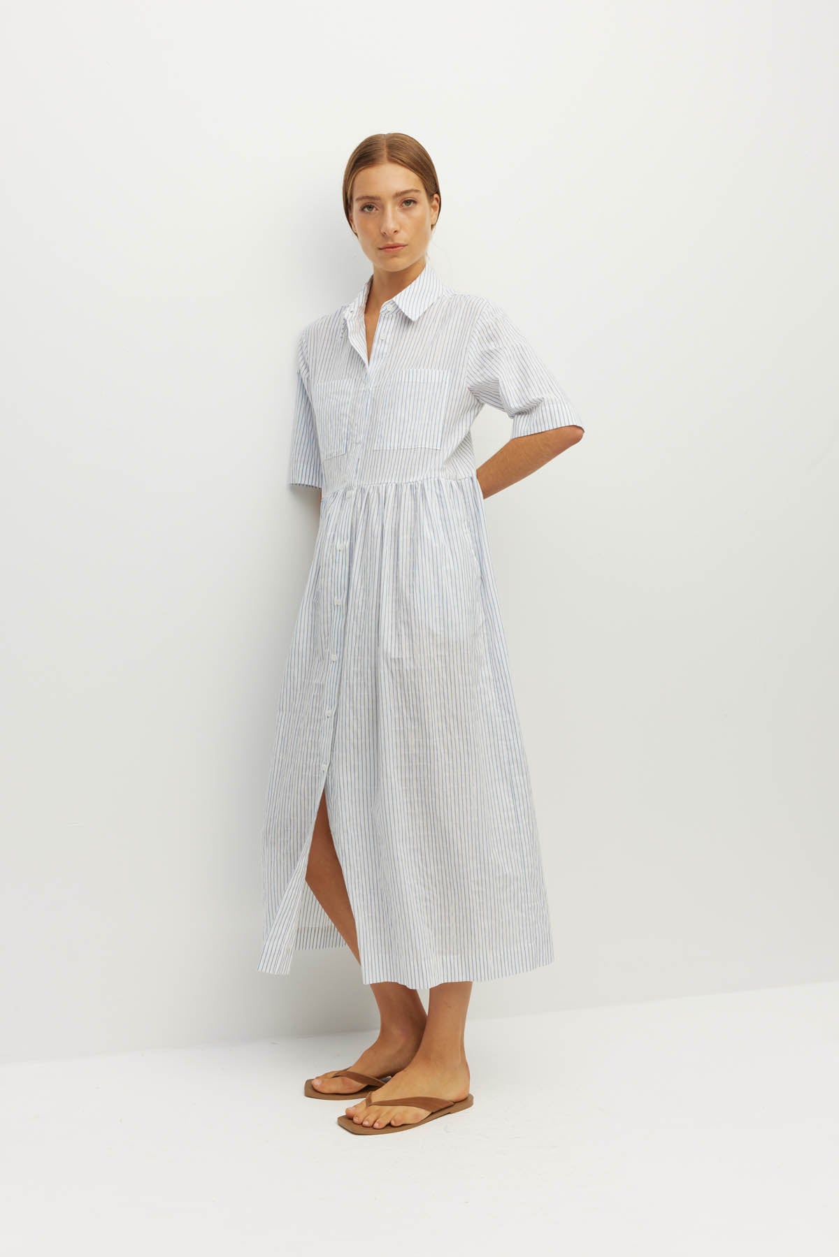 Juliette Hogan Milicent Shirtdress (Stripe Voile Cotton) Light Blue/White - relaxed striped cotton shirtdress with collar and gathered skirt, machine washable.