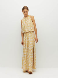 Juliette Hogan Aria Dress (Tesserae Cotton) Sun Mosaic - draped cotton event dress with blouson bodice, high gathered neckline, and A-line full-length skirt.