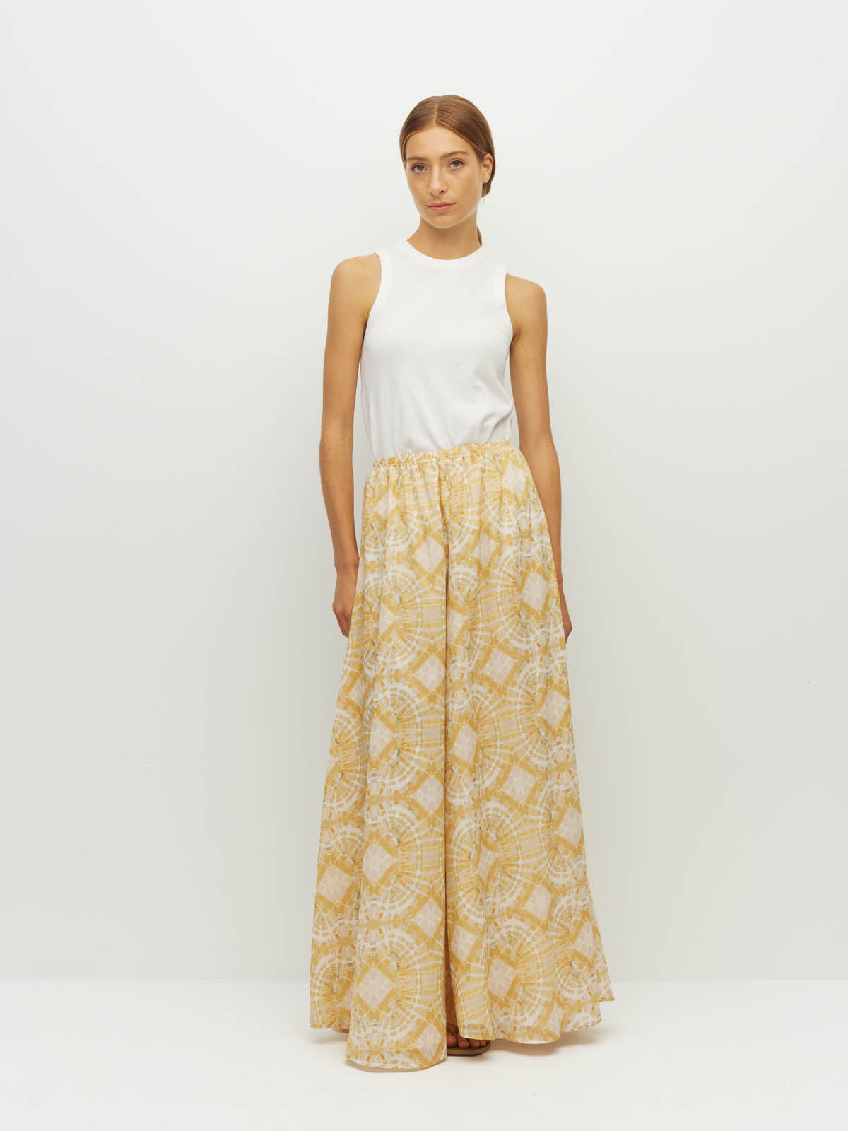 Juliette Hogan Aria Skirt (Tesserae Cotton) Sun Mosaic - panelled A-line cotton maxi skirt with elastic waistband.