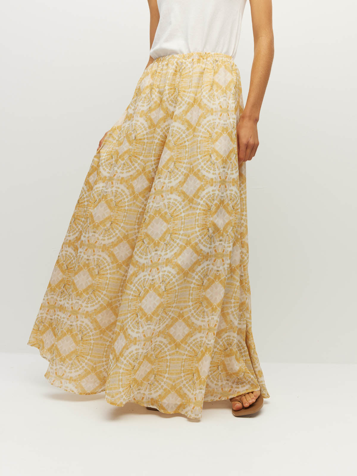 Juliette Hogan Aria Skirt (Tesserae Cotton) Sun Mosaic - panelled A-line cotton maxi skirt with elastic waistband.