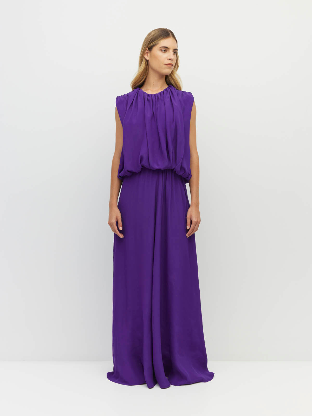 Juliette Hogan Alden Dress (Viscose Silk Crepe) Electric Orchid - sleeveless evening dress with high gathered neckline, blouson-effect bodice, and full-length A-line skirt.