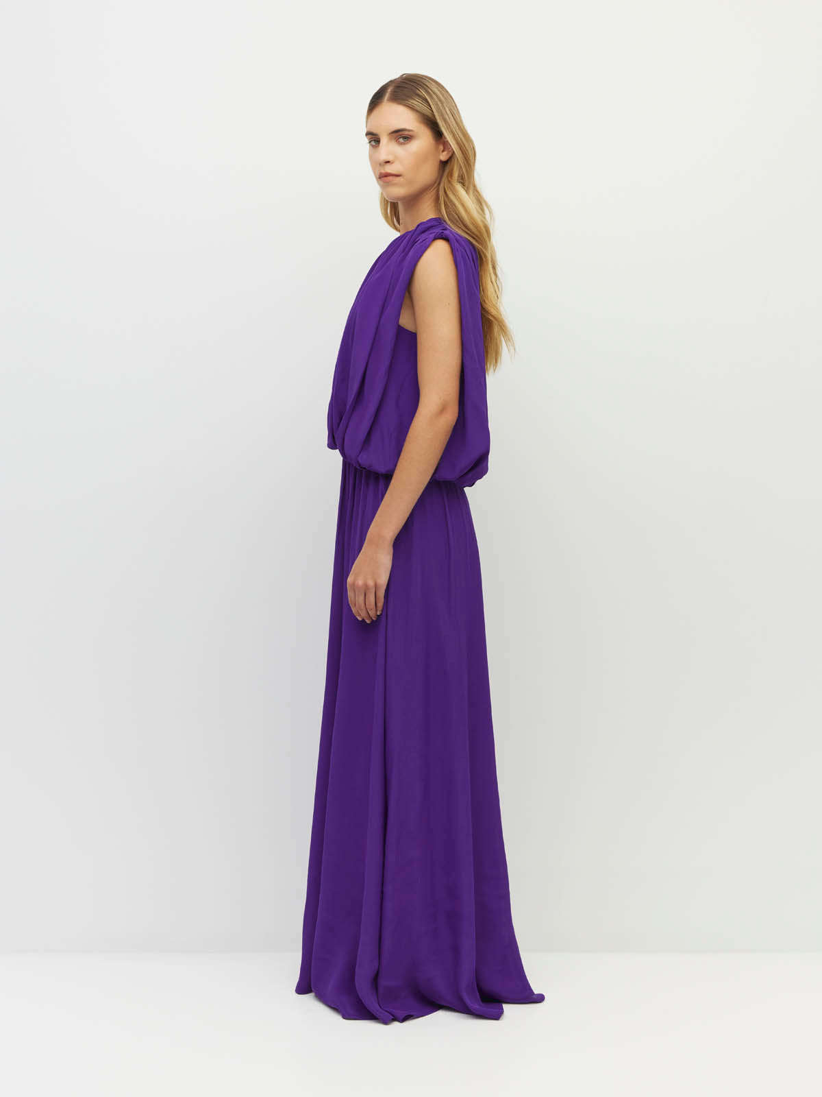 Juliette Hogan Alden Dress (Viscose Silk Crepe) Electric Orchid - sleeveless evening dress with high gathered neckline, blouson-effect bodice, and full-length A-line skirt.