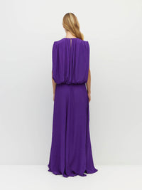 Juliette Hogan Alden Dress (Viscose Silk Crepe) Electric Orchid - sleeveless evening dress with high gathered neckline, blouson-effect bodice, and full-length A-line skirt.