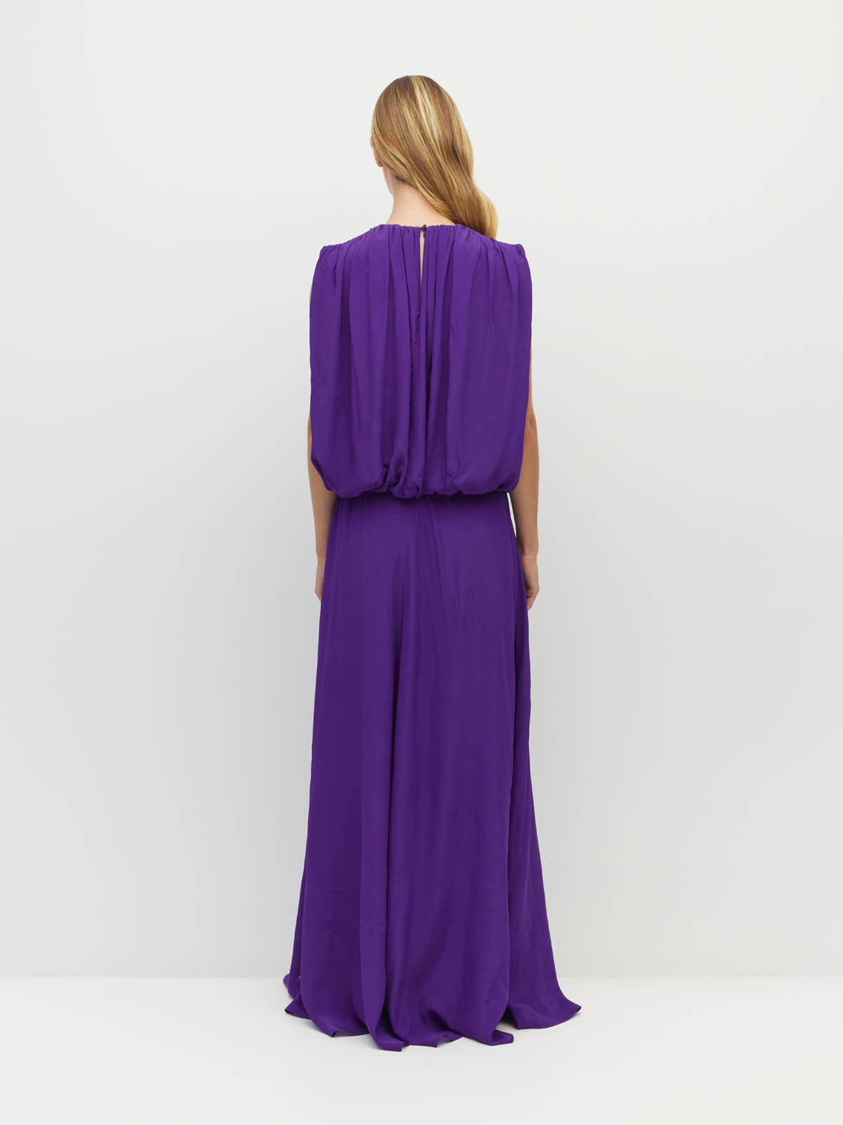 Juliette Hogan Alden Dress (Viscose Silk Crepe) Electric Orchid - sleeveless evening dress with high gathered neckline, blouson-effect bodice, and full-length A-line skirt.