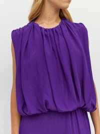 Juliette Hogan Alden Dress (Viscose Silk Crepe) Electric Orchid - sleeveless evening dress with high gathered neckline, blouson-effect bodice, and full-length A-line skirt.