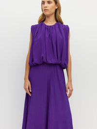 Juliette Hogan Alden Dress (Viscose Silk Crepe) Electric Orchid - sleeveless evening dress with high gathered neckline, blouson-effect bodice, and full-length A-line skirt.