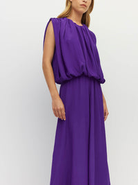 Juliette Hogan Alden Dress (Viscose Silk Crepe) Electric Orchid - sleeveless evening dress with high gathered neckline, blouson-effect bodice, and full-length A-line skirt.